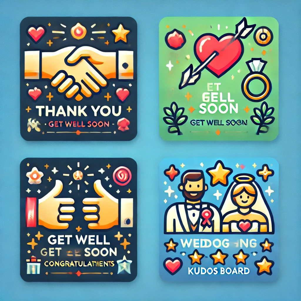 Illustration featuring icons representing thank you, get well soon, wedding congratulations, and kudos boards, symbolizing different types of greeting cards